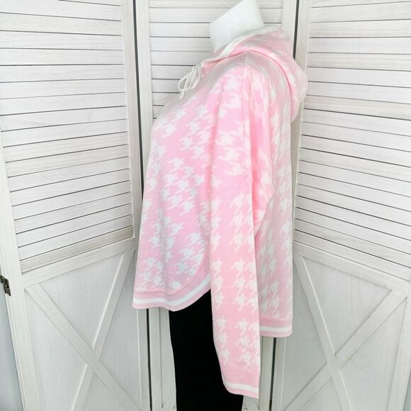 Crown & Ivy Houndstooth Hooded Long Sleeve Poncho Sweater Pink White Large - Picture 2 of 12